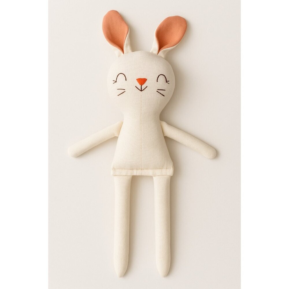Handmade Plush Bunny Doll with Embroidered Face & Pink Ears, Nursery Room Decor